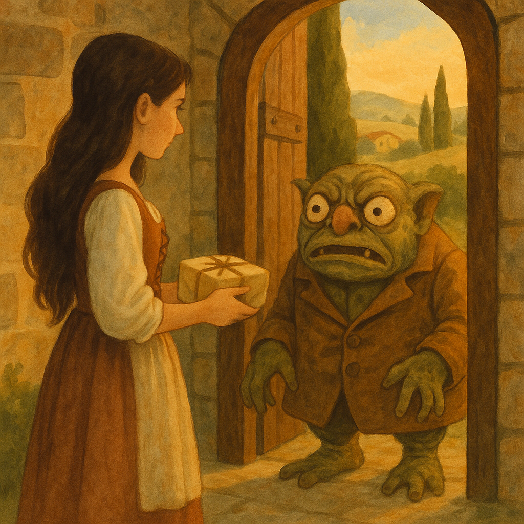 A young woman receives a small parcel from the grotesque Monsu Mostro at his palace door, in the fairy tale Monsu Mostro.