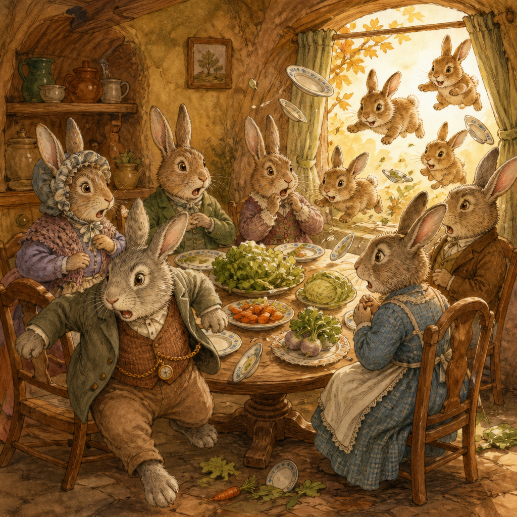 Startled rabbit guests and little bunnies scatter dishes at the table in Mrs. Bunny's Dinner Party