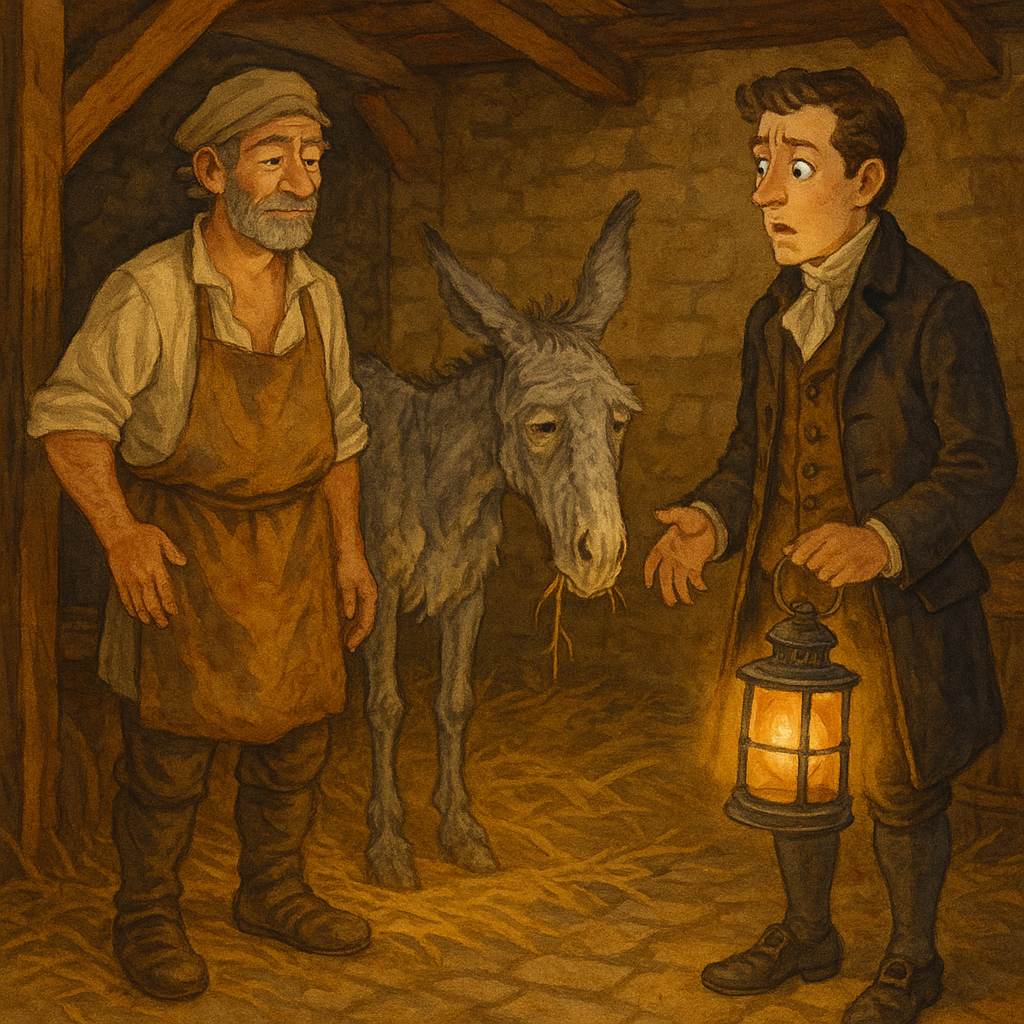 A calm miller stands beside an old donkey named Nina as a confused servant looks on, in the story Nina by R.H. Busk.