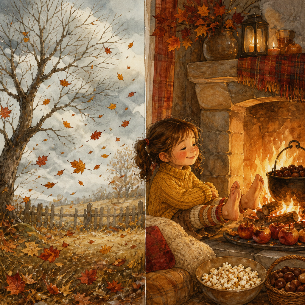 Dry autumn leaves whirl outside while a girl toasts her toes by the fire in the poem November.