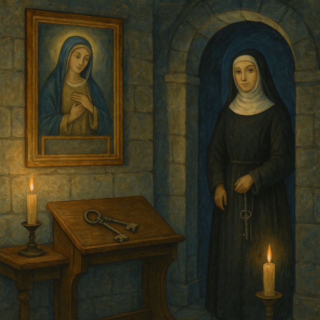 Our Lady steps down from her painted frame in Nun Beatrice, taking up the convent keys at the parlor desk.