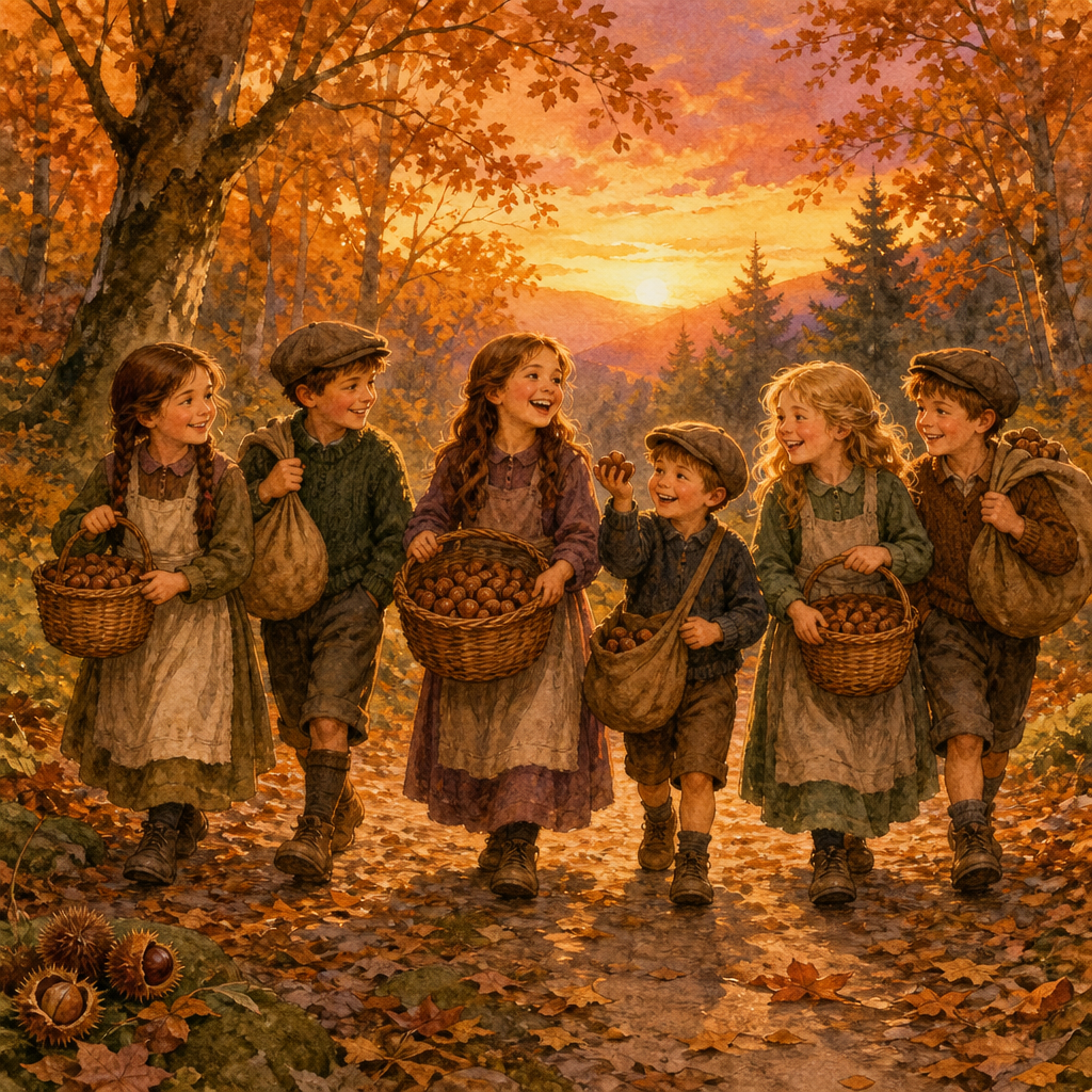 Children carrying baskets of nuts down a dusky autumn road, illustrating the poem Nut Gatherers by Hamish Hendry.