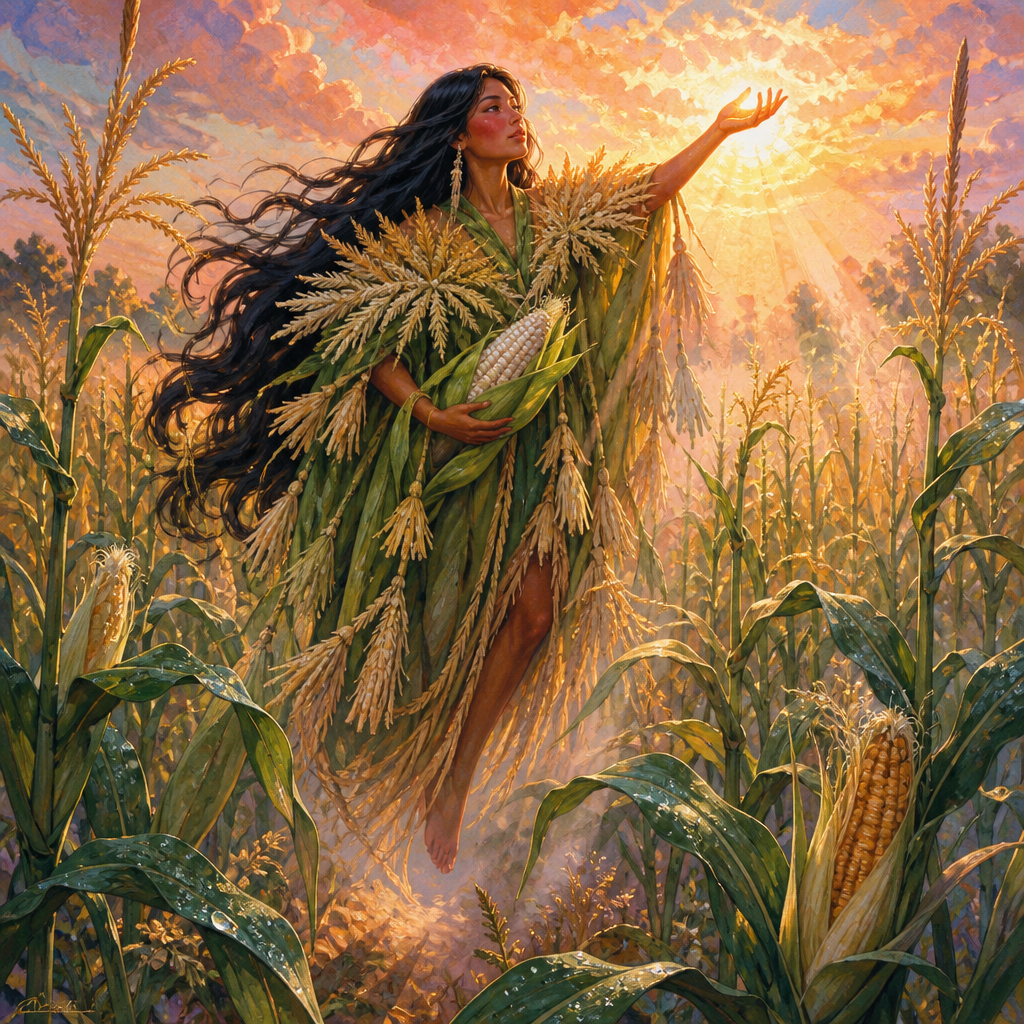O-na-tah, the spirit of the corn, guarding her golden maize fields at sunrise in the story O-na-tah: The Spirit of the Corn-Fields.