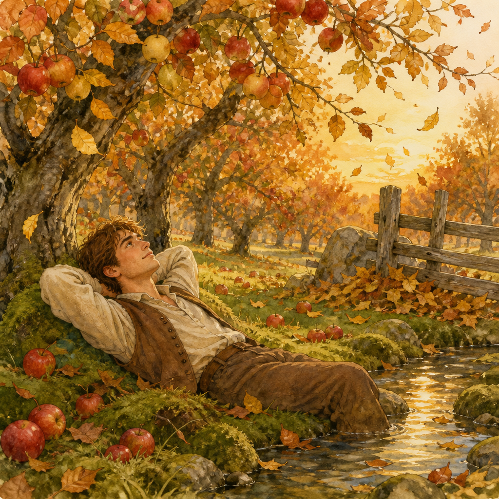 A man resting on moss by a spring in a golden apple orchard as leaves fall, illustrating October — Orchard of the Year.