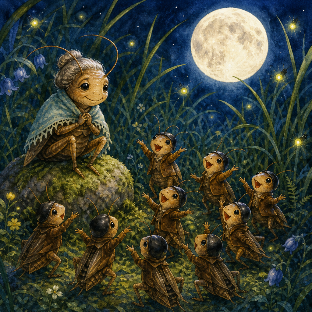 Old Dame Cricket watches her nine little crickets chirp a moonlit concert in the thicket