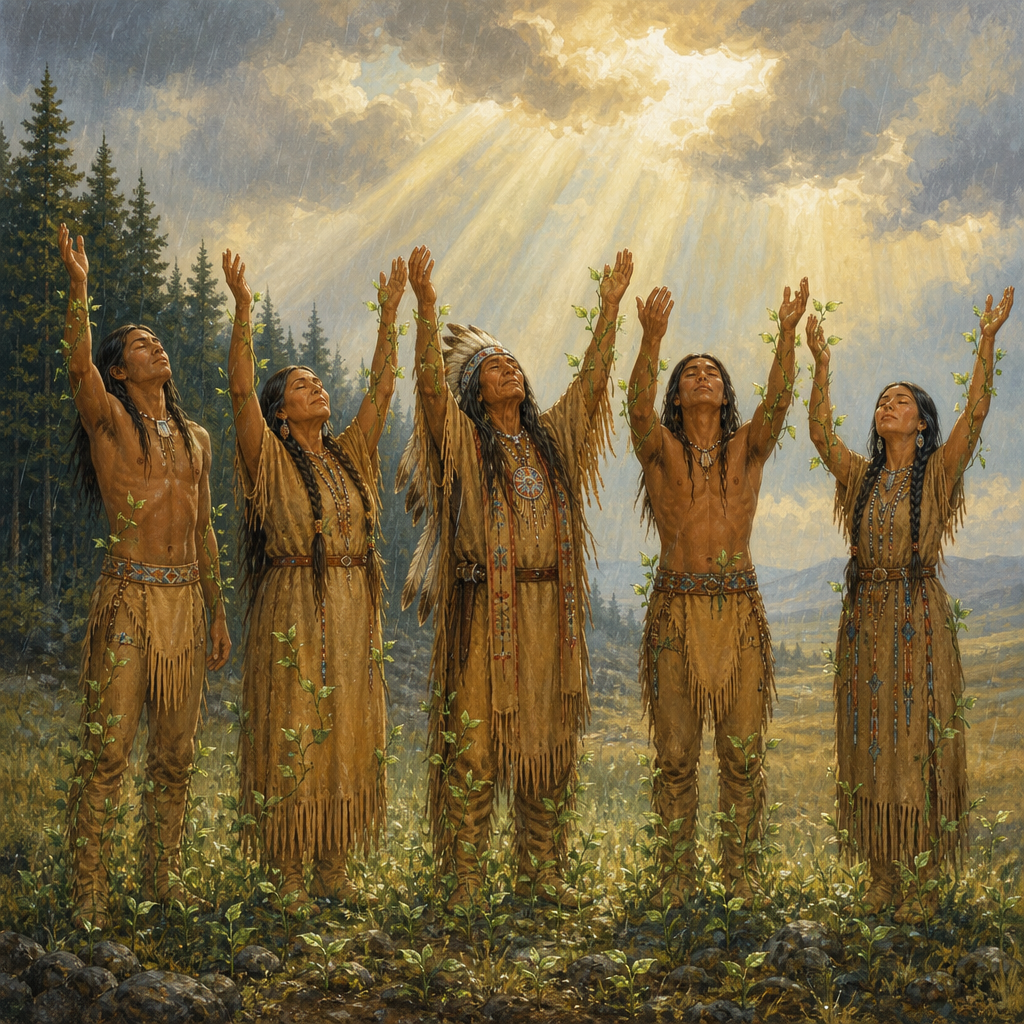 A chief and his family stand with raised hands on the plain in Origin of Indian Corn, waiting for the Great Spirit.