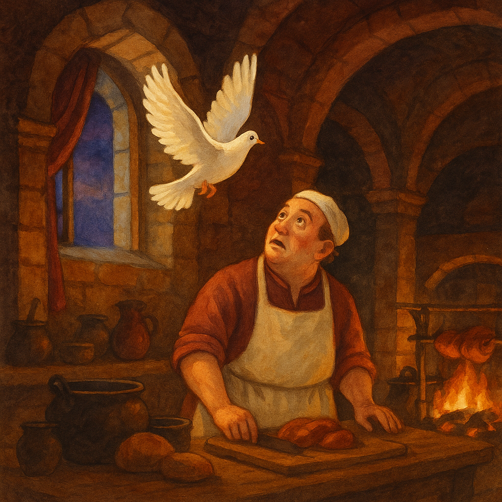 A white dove flies through a palace kitchen window toward a cook, in the fairy tale Palombelletta.