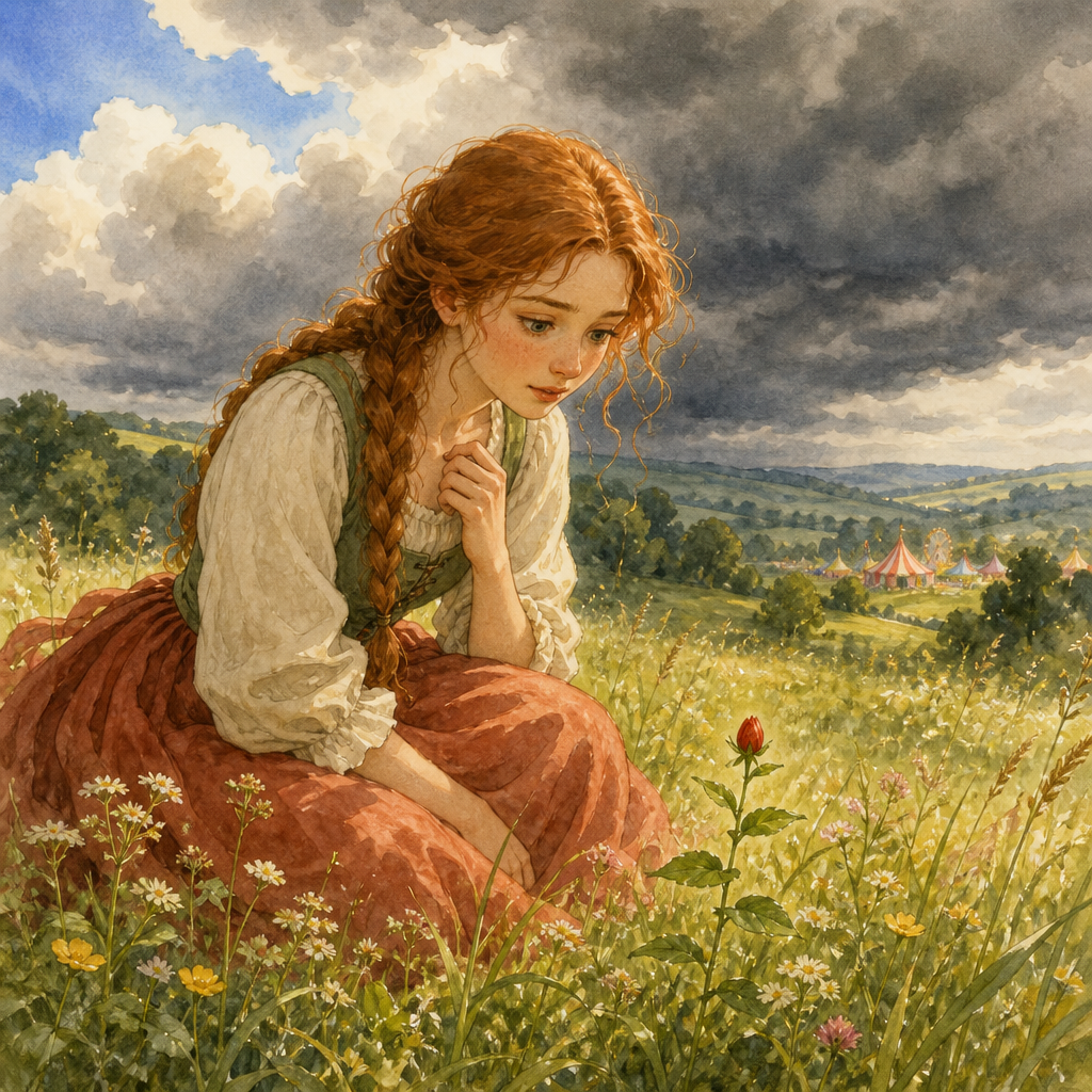 A maiden kneels by a closed pimpernel flower as storm clouds gather, illustrating the poem Pimpernel, the Shepherd's Clock.