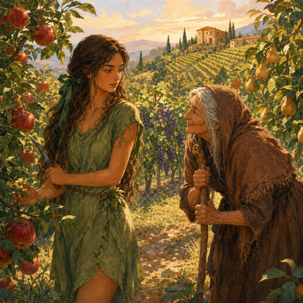 Pomona holding a pruning knife talks with a disguised old woman in her orchard in the myth Pomona and Vertumnus.