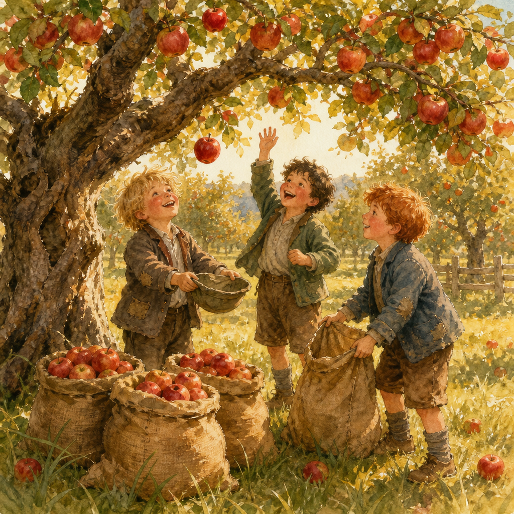 Boys with caps and sacks gather apples beneath a heavily laden old apple tree in Pomona's Best Gift