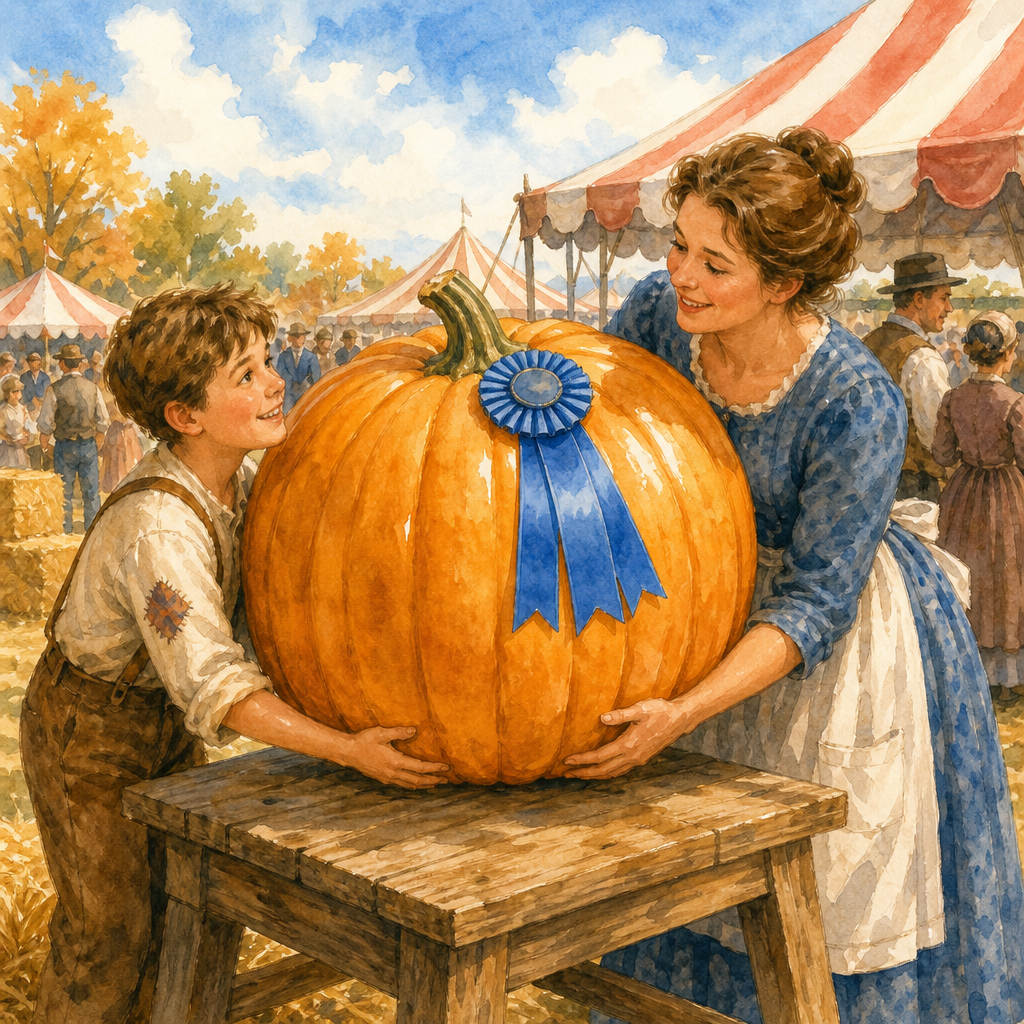 Pumpkin Pie: a boy and his mother admire a giant prize pumpkin with a ribbon at the County Fair.