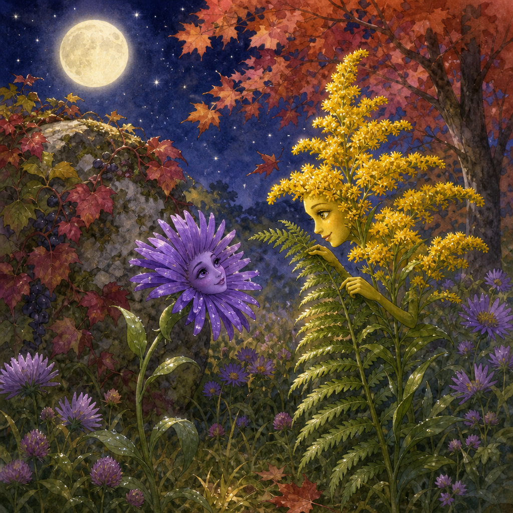 Queen Aster story: violet Aster queen and golden Prince Golden-rod meet by the ferns under the moon in the autumn meadow.
