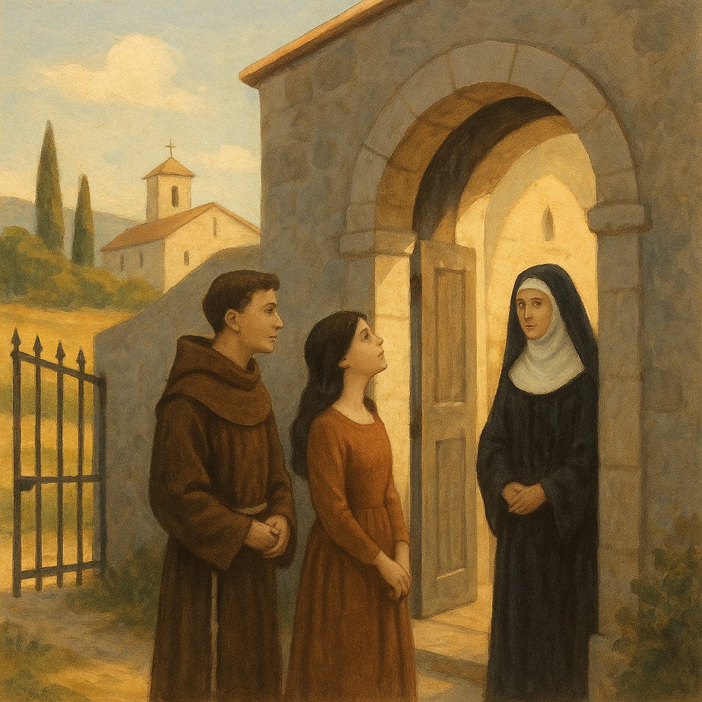 Sant' Antonio leads a young woman to a convent gate in this illustration for Sant' Antonio and Sora Castitre.
