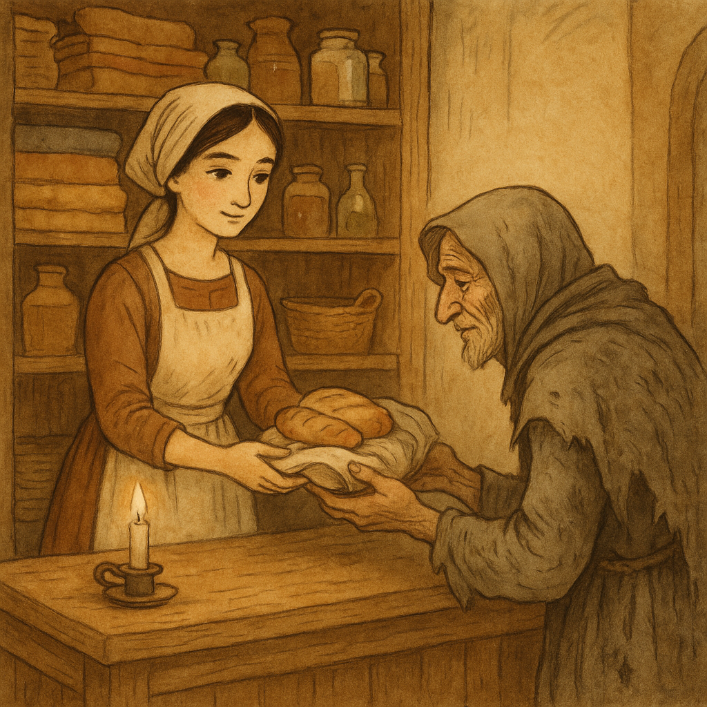 A servant girl gives goods to a poor beggar in a merchant's shop, illustrating Santa Verdana by R.H. Busk.