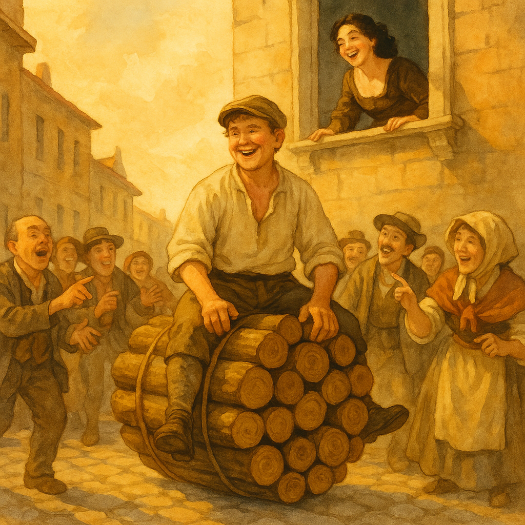 Scioccolone rides a rolling bundle of logs through a city street as a laughing princess watches from a palace window above.