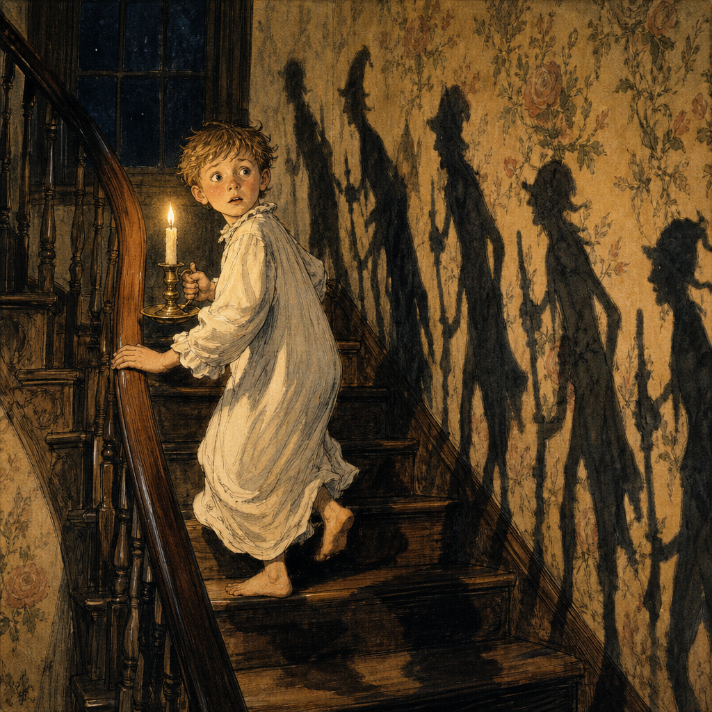 A frightened child with a candle climbs the stairs as crooked shadows march behind in Shadow March by Robert Louis Stevenson.