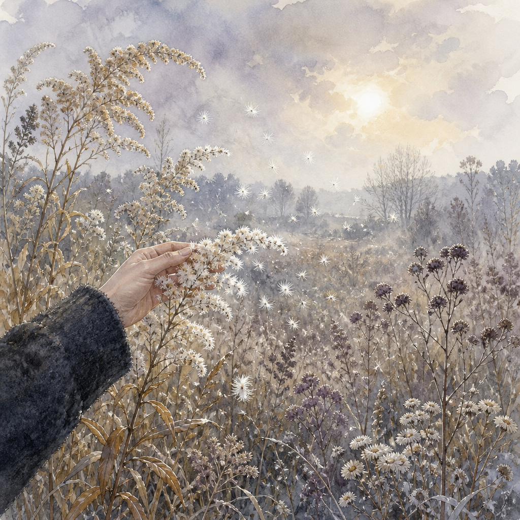 Silver-rod: a hand stirs a feathery silvery goldenrod stalk, releasing a cloud of down in a misty autumn meadow.