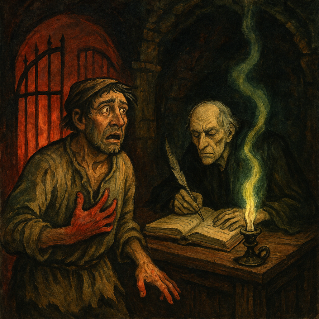 A frightened farmer faces his dead landlord writing in Hell, in St. Anthony and the Receipt from Hell.