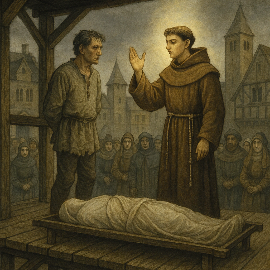 St. Anthony commands a dead man to speak to save his father at the scaffold, in the legend by R.H. Busk.