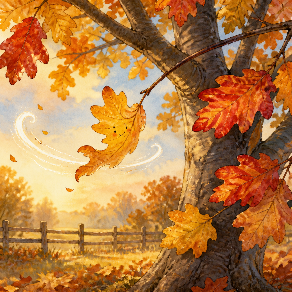 A golden leaf on a twig begins to let go in the autumn wind, illustrating the story The Anxious Leaf.