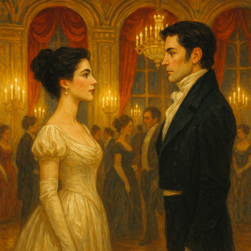 A man and woman in 19th-century evening dress face each other at a candlelit Roman ballroom in The Beautiful Englishwoman.
