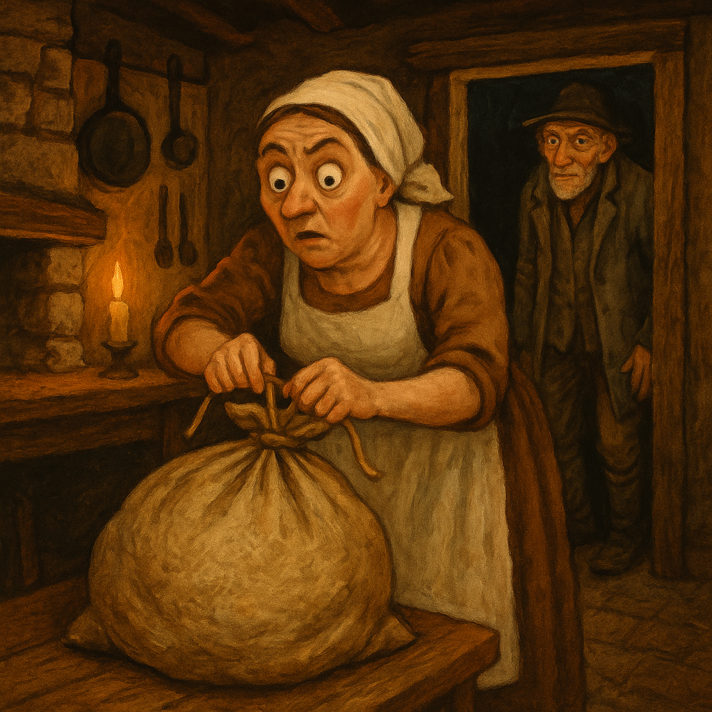 A peasant woman ties a bulging sack as a cunning beggar waits — scene from The Beggar and the Chick-Pea.