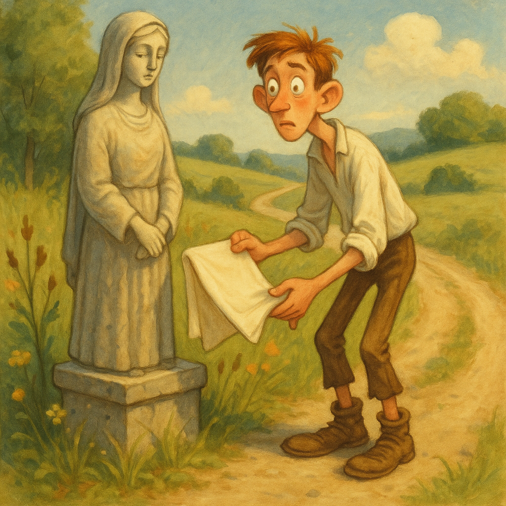 A young man solemnly sells linen to a stone statue by the roadside, in The Booby by R.H. Busk.
