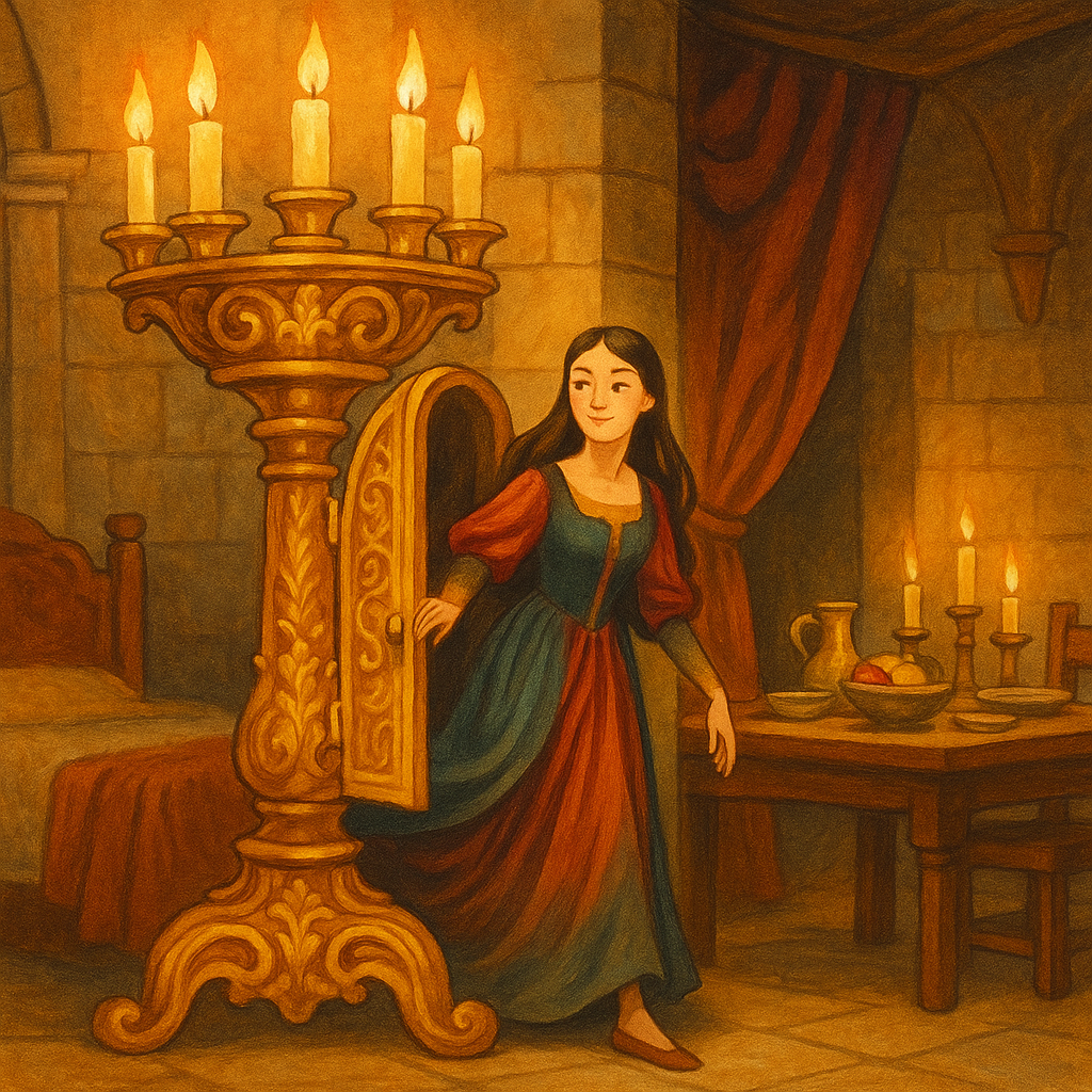 A princess steps from a golden candelabrum in a royal chamber, scene from The Candelabrum by R.H. Busk.