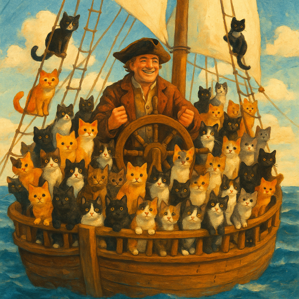 A ship full of cats sailing to America, illustration from The Cats Who Made Their Master Rich by R.H. Busk.