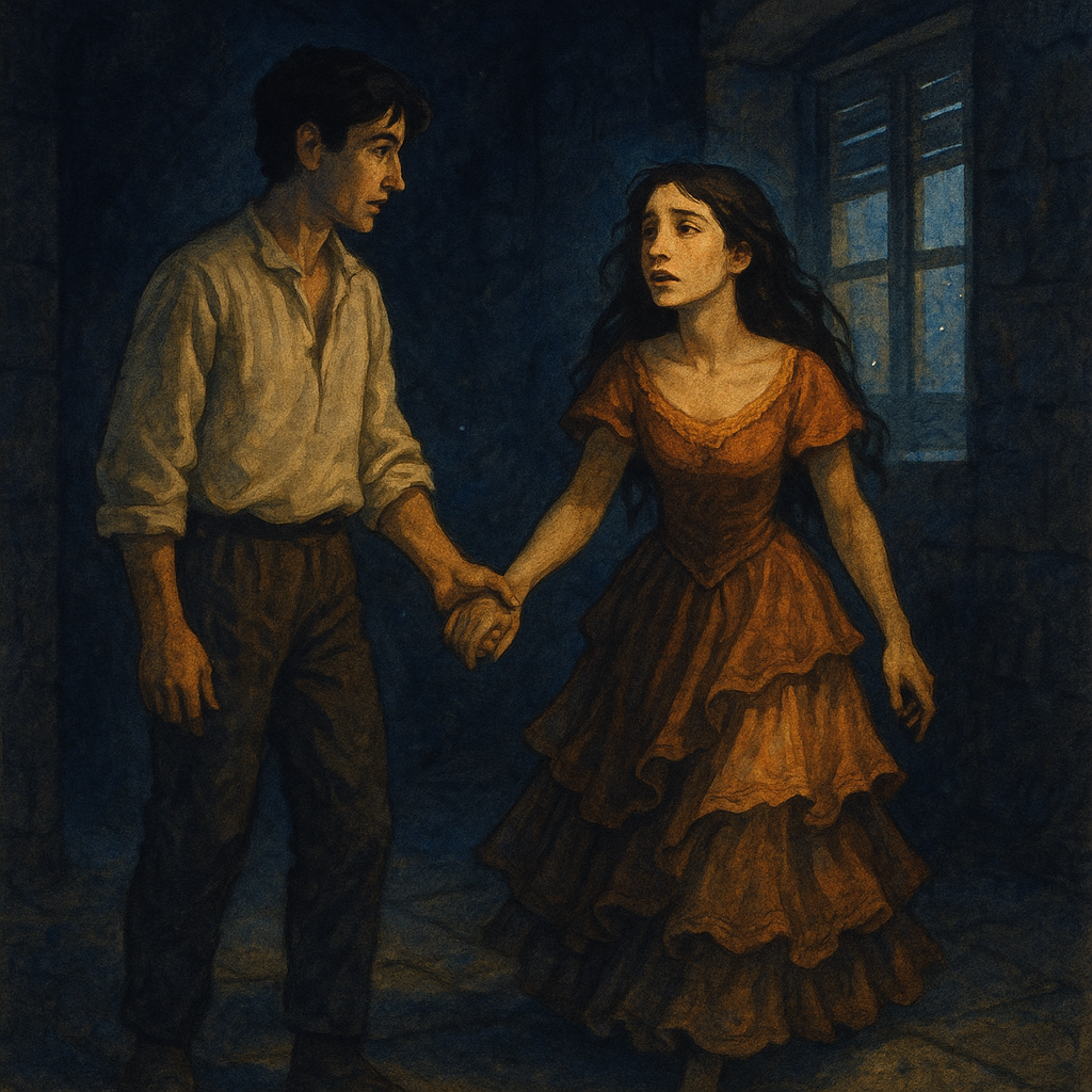 A young man clasps an enchanted woman's hand as grey dawn light enters the room, in The Chicory-Seller and the Enchanted Princess.