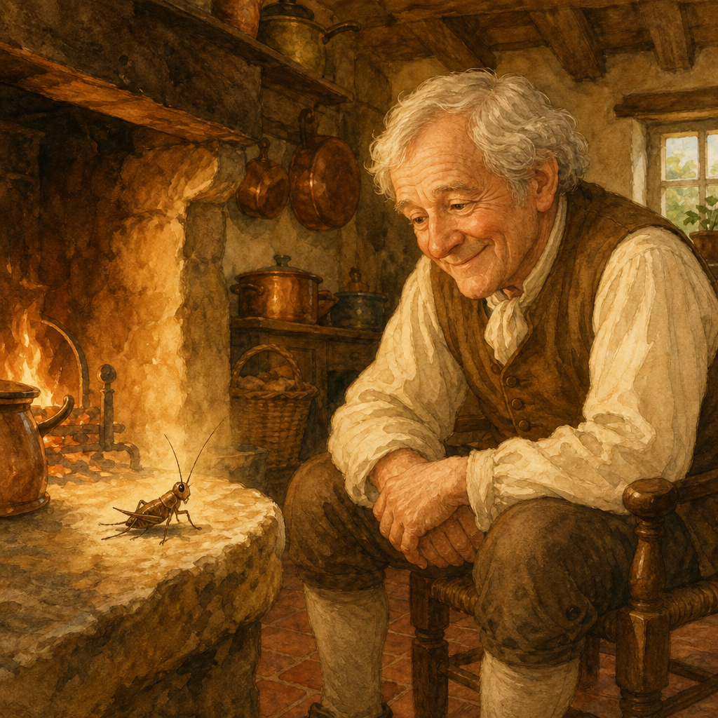 Illustration for The Cricket: a man smiles at a chirping cricket on a warm kitchen hearth in a cozy cottage.