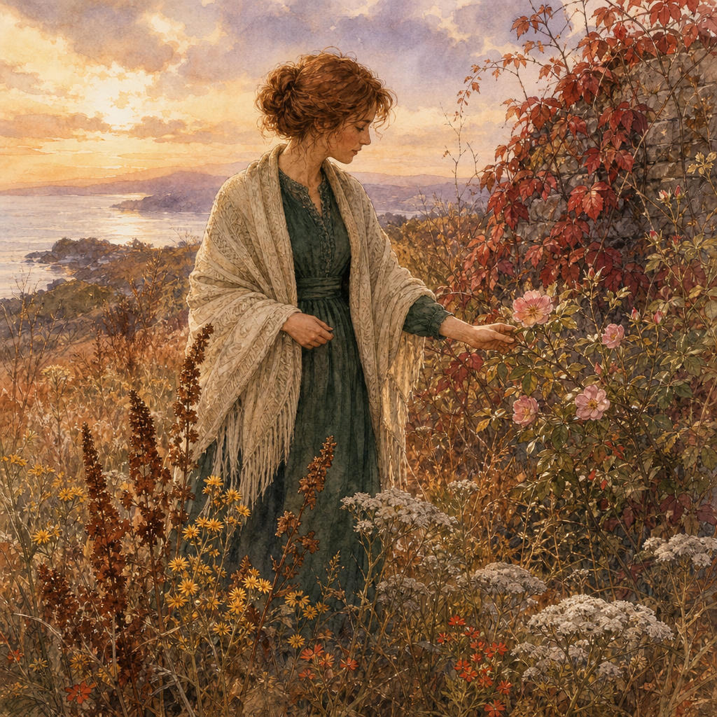 Woman touching a late wild rose in an autumn meadow, illustrating Celia Thaxter's poem The Crown of the Year.