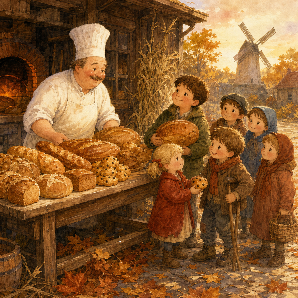 The Curious Little Baker Man lays out Thanksgiving loaves as eager children gather around his table among autumn leaves.