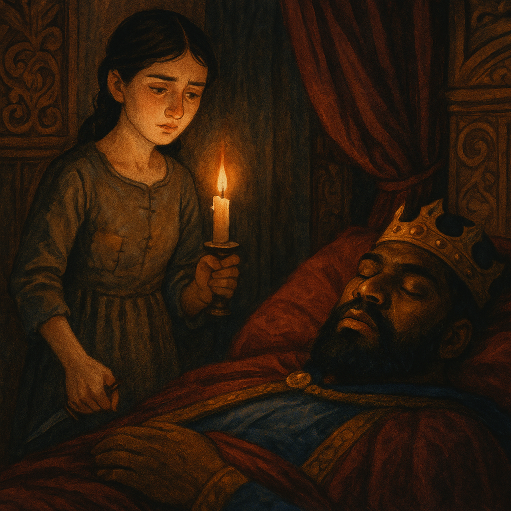 A young woman holds a candle over the sleeping Dark King in his palace bedroom, in the fairy tale The Dark King.