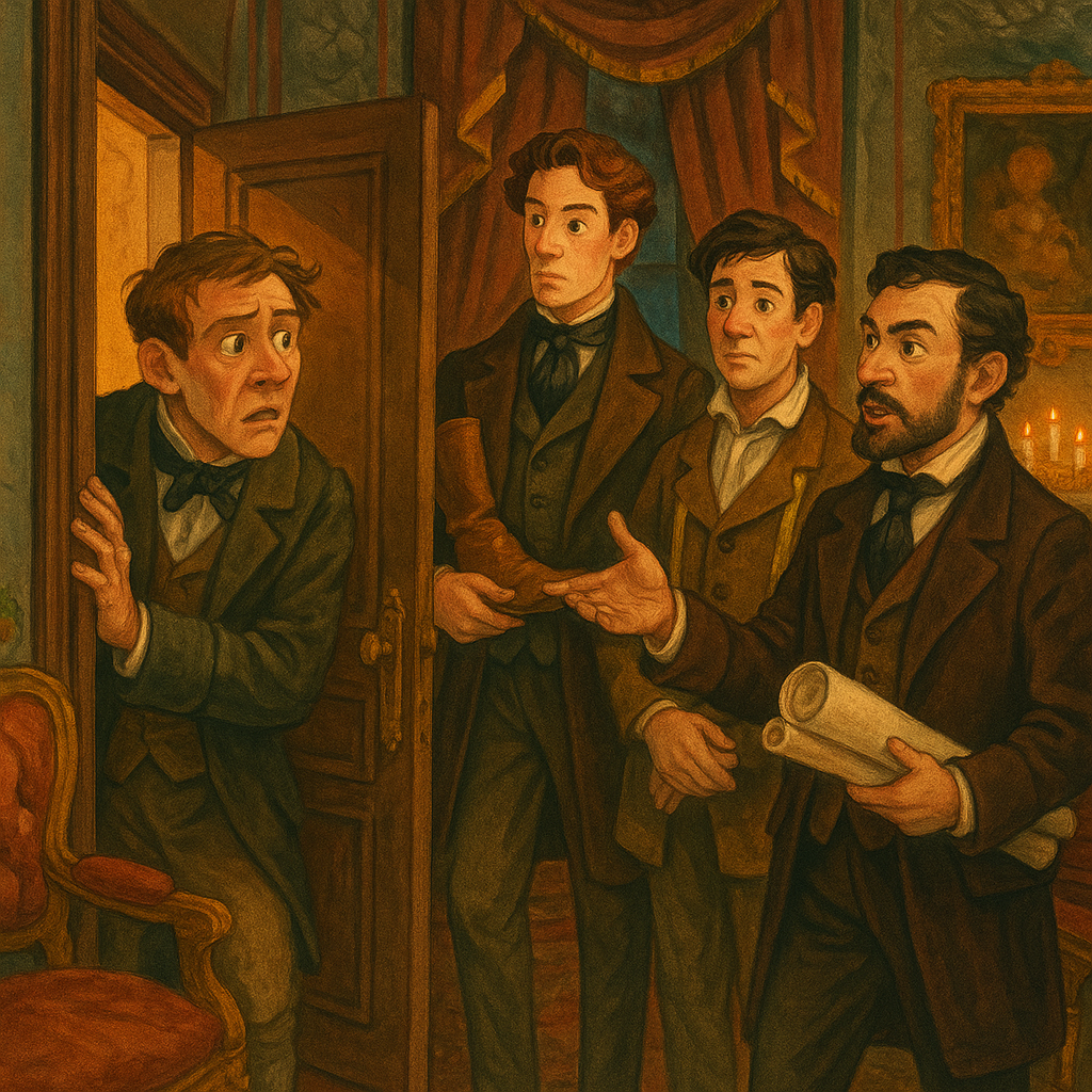 A servant lets in three disguised strangers at the door — scene from The Daughter of Count Lattanzio.