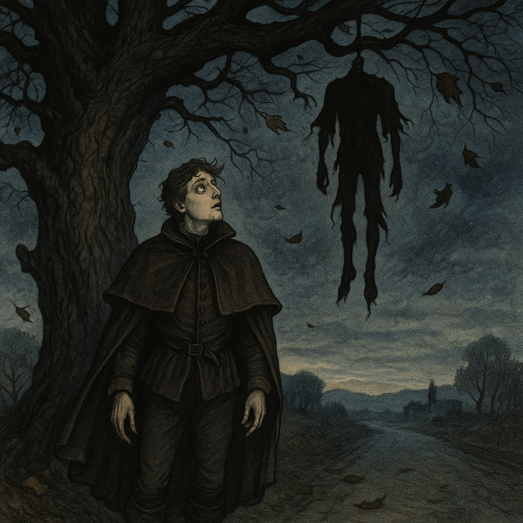 A young man stares up at a figure in an oak tree at dusk, in The Dead Man in the Oak-Tree.