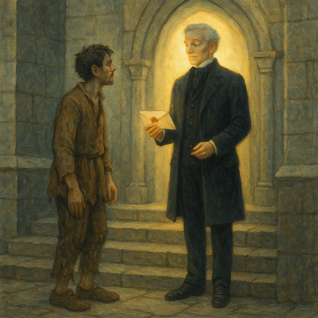 A poor man receives a sealed letter from a mysterious stranger on church steps, in The Dead Man's Letter.