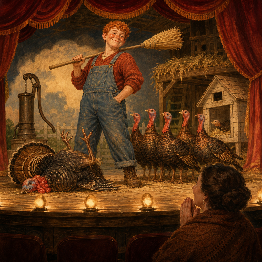 Homer Tidd and his trained turkeys perform on a farmyard stage in The Debut of "Dan'l Webster".
