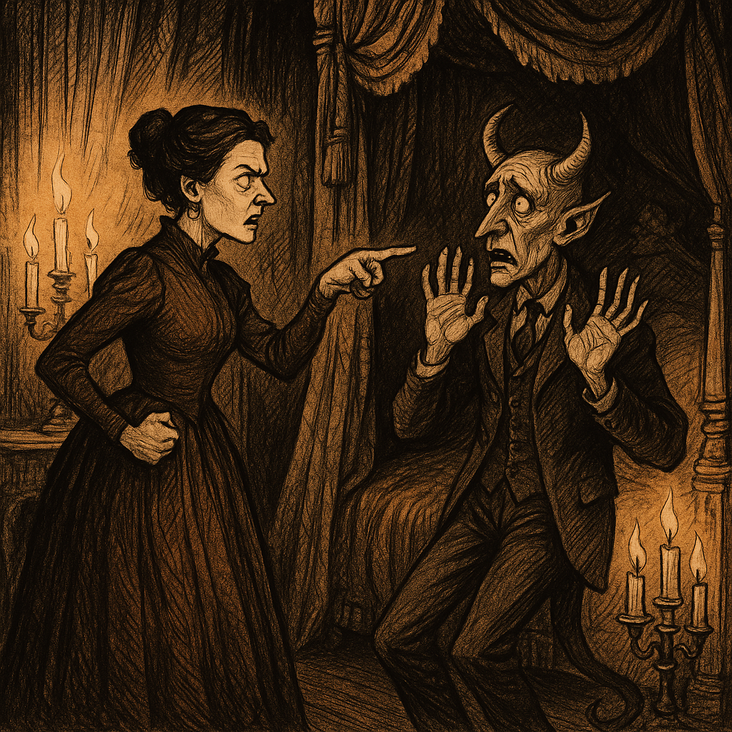 A fierce woman confronts a cowering devil in a candlelit chamber, from The Devil Who Took to Himself a Wife.