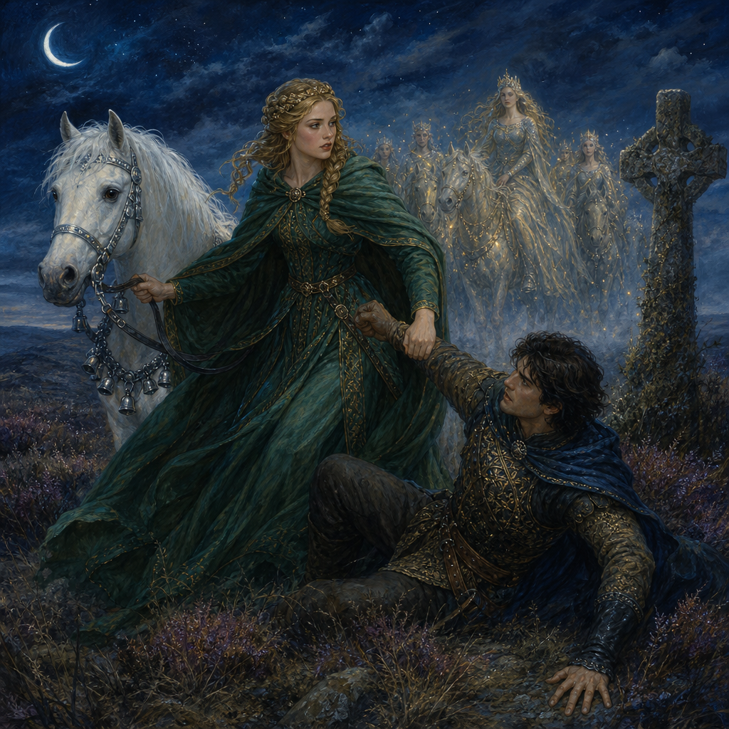 Janet in a green mantle seizes the milk-white steed of Tam Lin at midnight in The Elfin Knight, as the fairy riders pass.