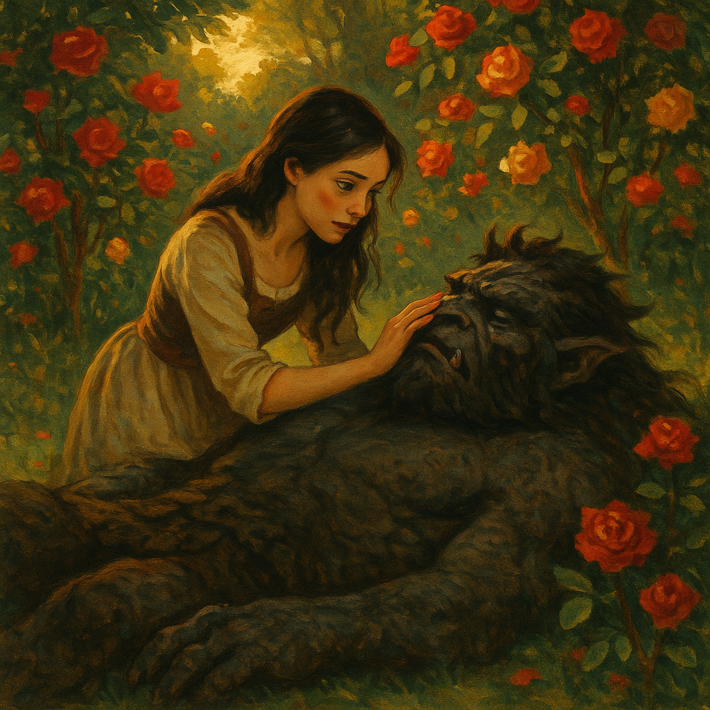 A young woman kneels beside a fallen monster among glowing rose-trees in The Enchanted Rose-Tree.