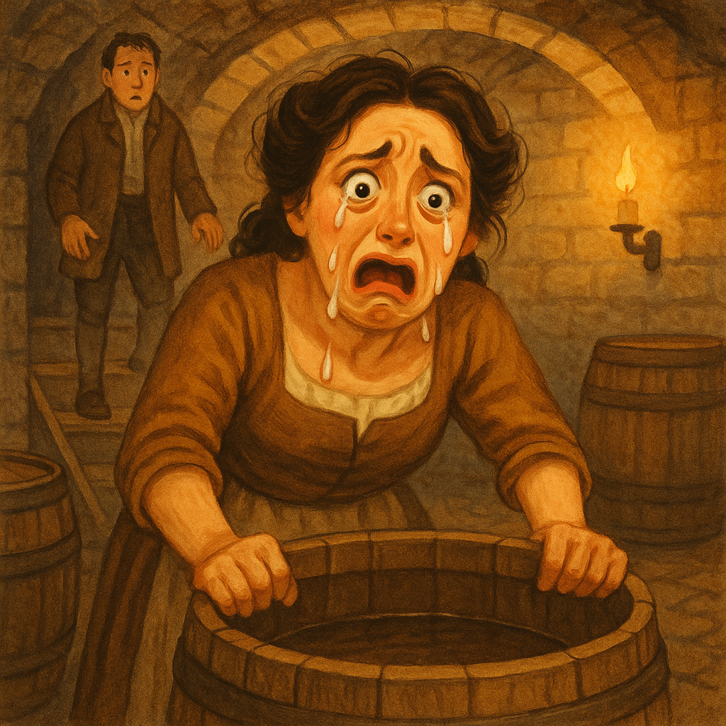 A woman weeps over an empty barrel in a cellar as her husband watches in disbelief, from The Foolish Woman.
