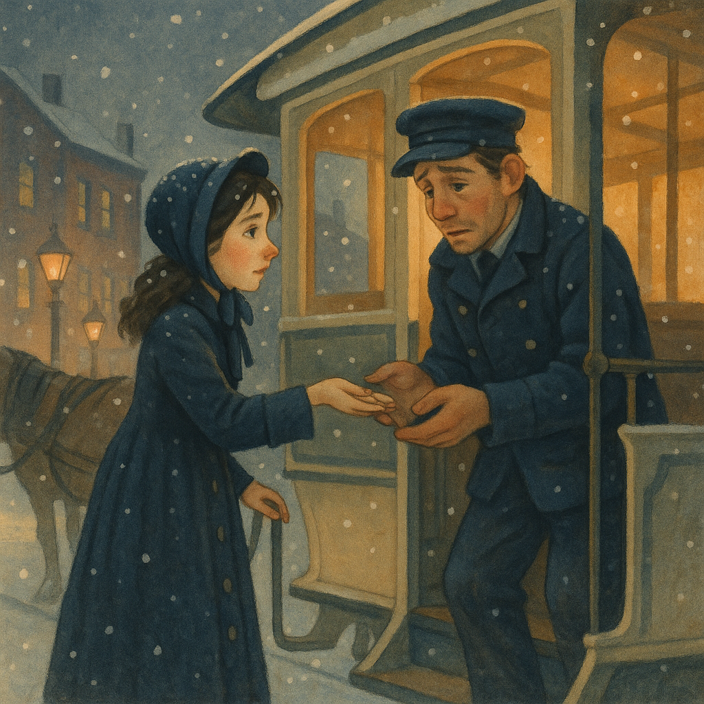 A young woman in a Victorian coat hands coins to a weary streetcar conductor in the snow — scene from The Girl Who Made It Right.
