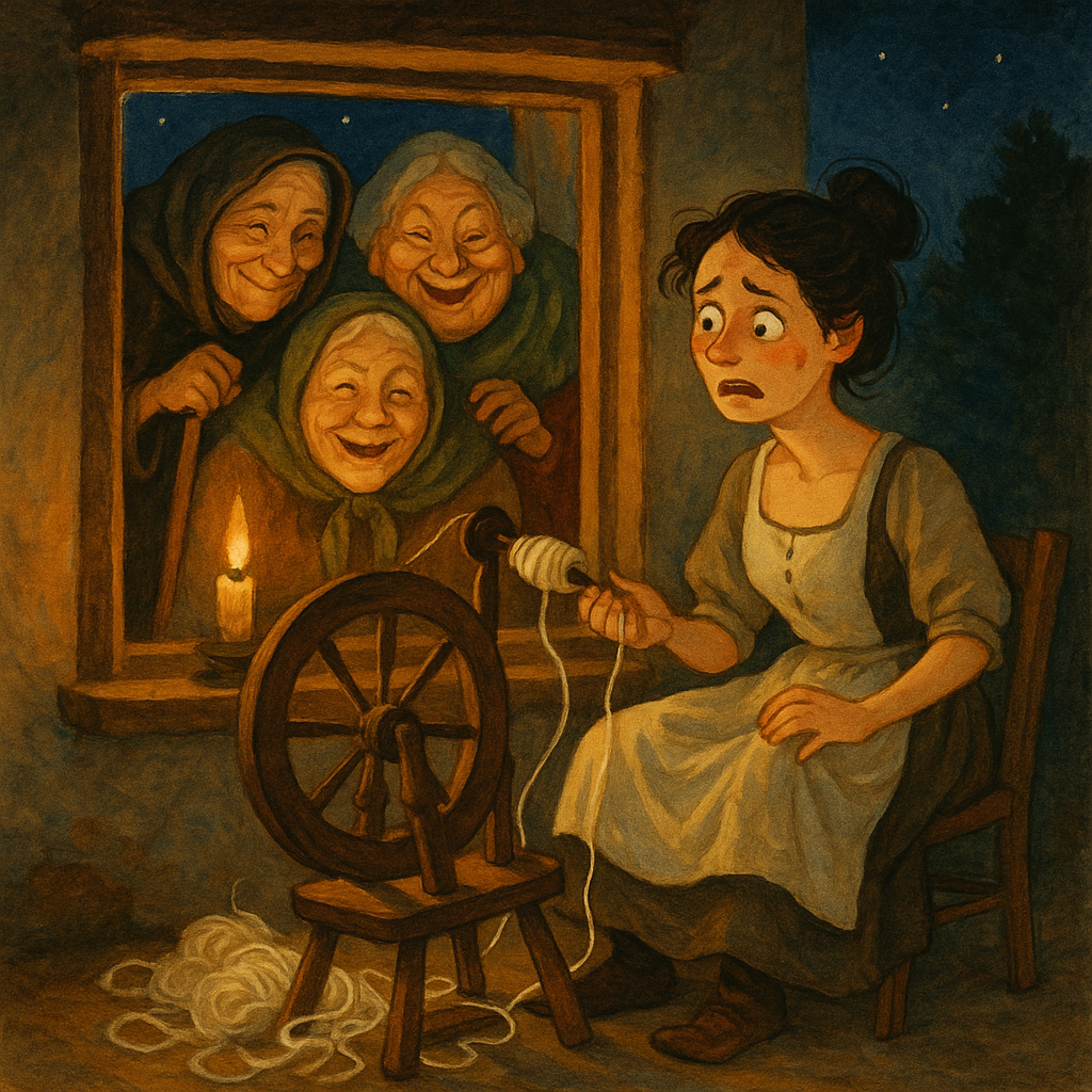 Three peculiar old women peer through a cottage window as a young bride fumbles at a spinning wheel in The Gluttonous Girl.