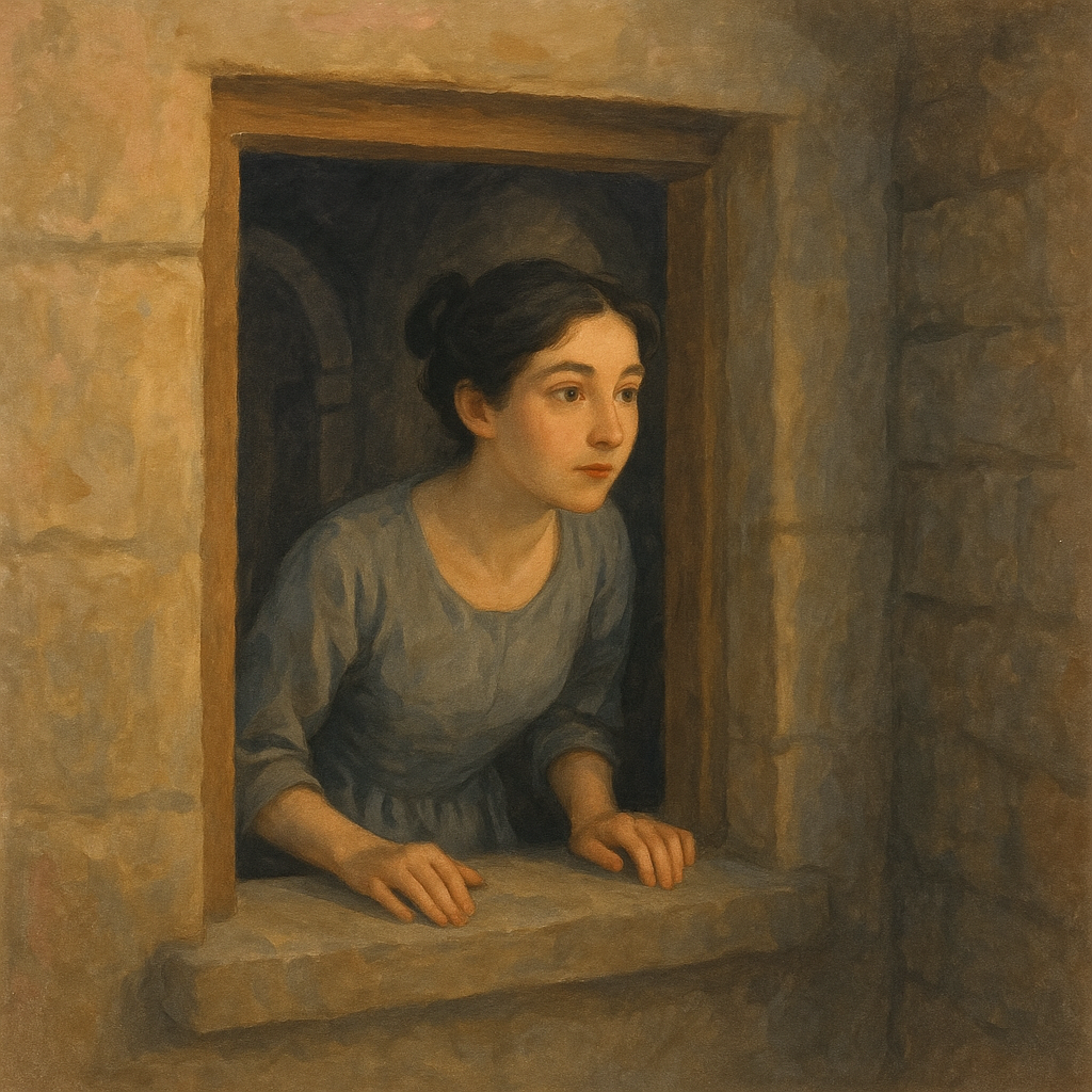 A young woman peers from a small courtyard window in The Good Grace of the Hunchback by R.H. Busk