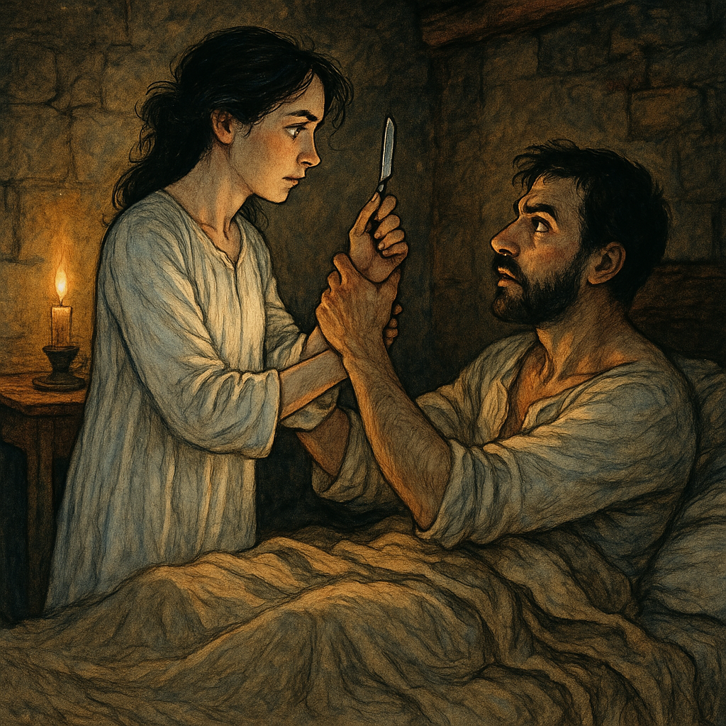A wife holds a razor over her sleeping husband's bedside in a candlelit room, in The Happy Couple.