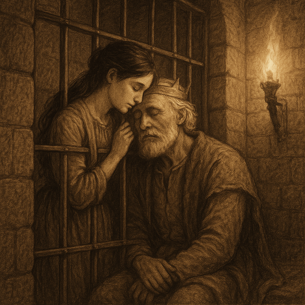 A young woman nurses her elderly imprisoned father through prison bars, a scene from The King of Portugal.