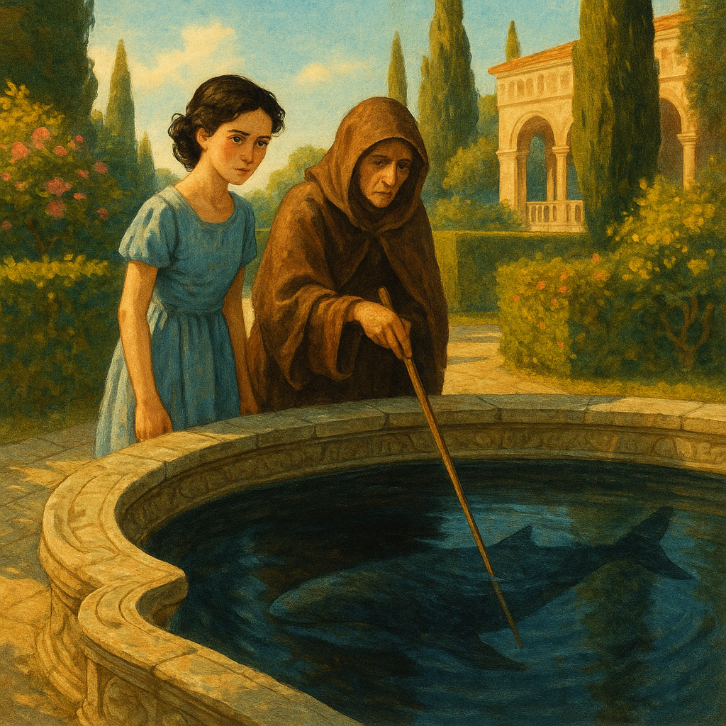 Albina and the disguised stepmother at the fish-pond in The King Who Goes Out to Dinner