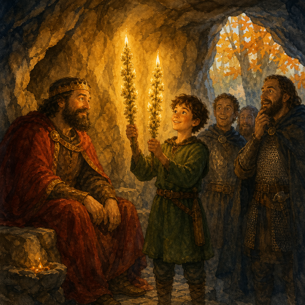 The young page lights two mullein candles on the king's rocky throne in a cave in The King's Candles.