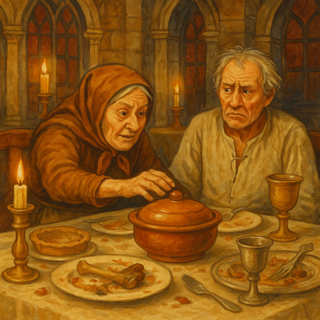 An elderly peasant woman lifts a covered dish at a grand table in The Little Bird by R.H. Busk.